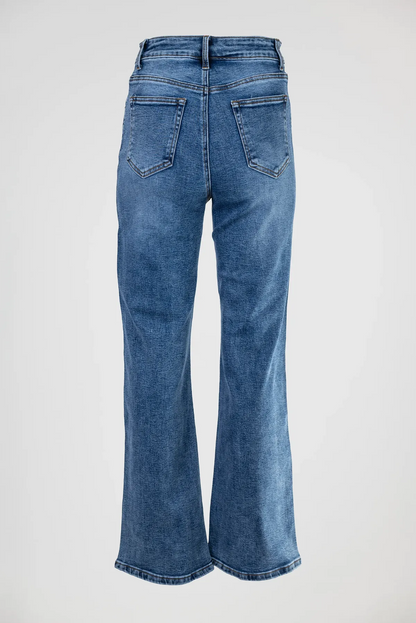 Дамски сини дънки тип чарлстон с декоративен кант – Blue Flare Denim-дънки-6Sense