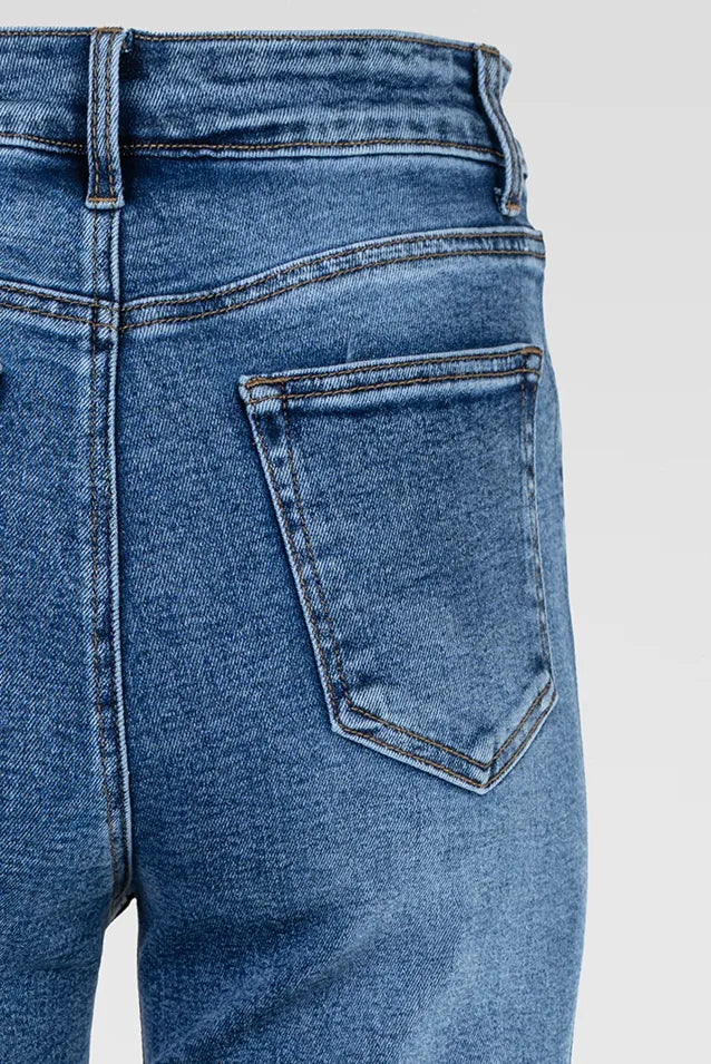 Дамски сини дънки тип чарлстон с декоративен кант – Blue Flare Denim-дънки-6Sense