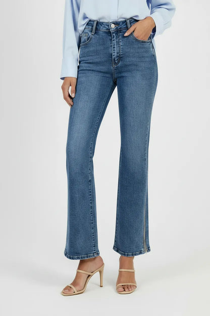 Дамски сини дънки тип чарлстон с декоративен кант – Blue Flare Denim-дънки-6Sense