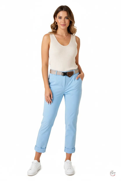 Дамски светлосин панталон с колан - Made with Love-панталони-6Sense