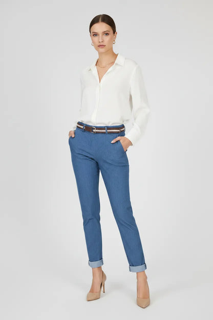Дамски светлосини еластични дънкови панталони - Light Denim Comfort-панталони-6Sense