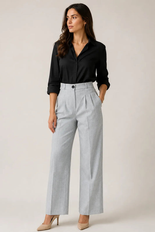 Дамски светлосив чино панталон с висока талия – Soft Grey Chino-панталони-6Sense