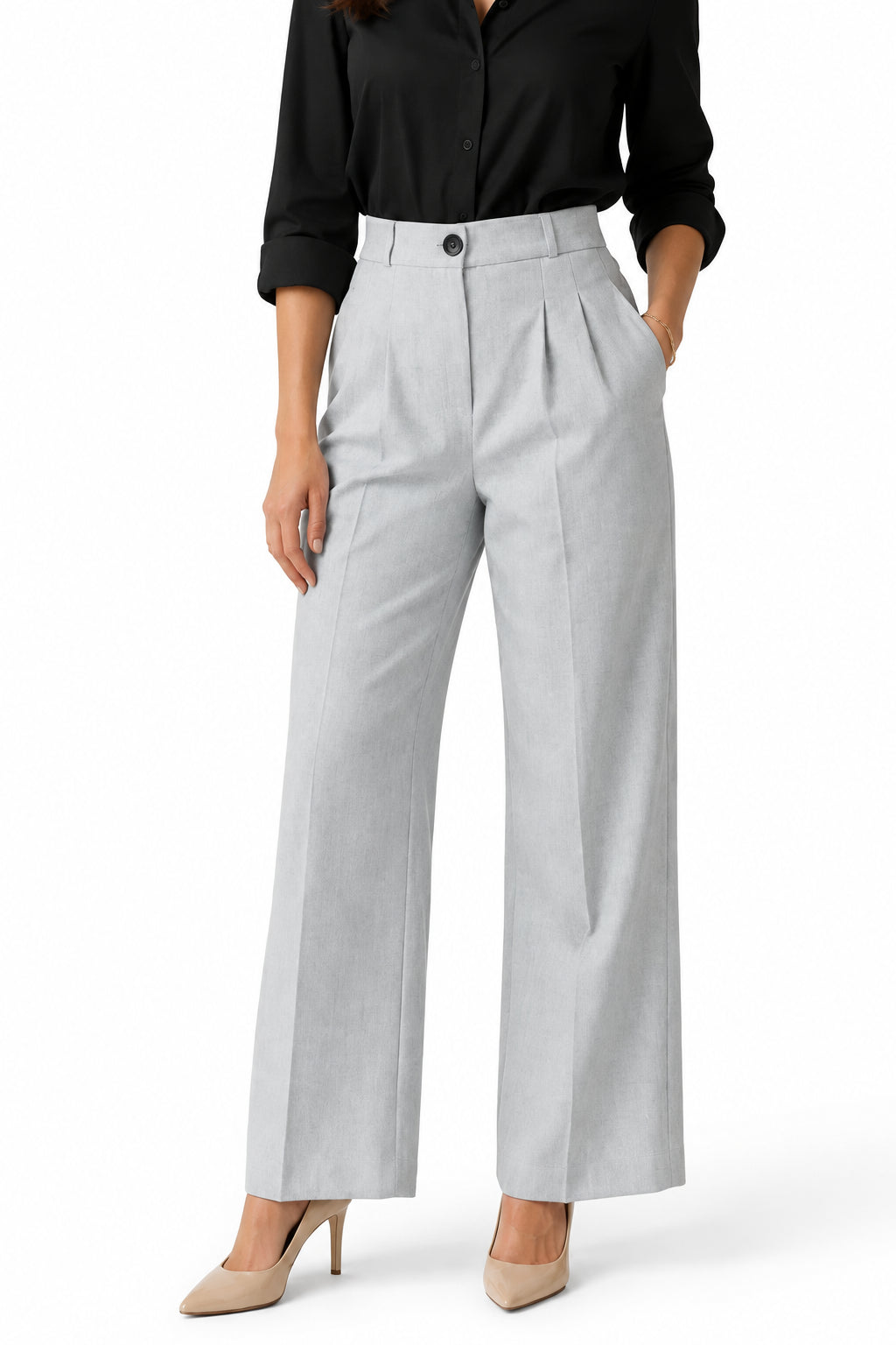 Дамски светлосив чино панталон с висока талия – Soft Grey Chino-панталони-6Sense