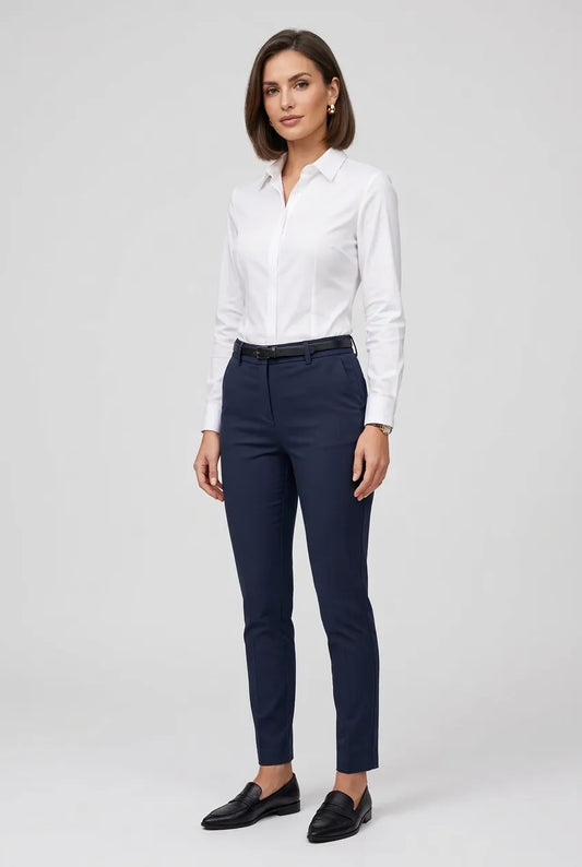 Дамски тъмносин панталон с права кройка и висока талия – Navy Tailored Pants-панталони-6Sense