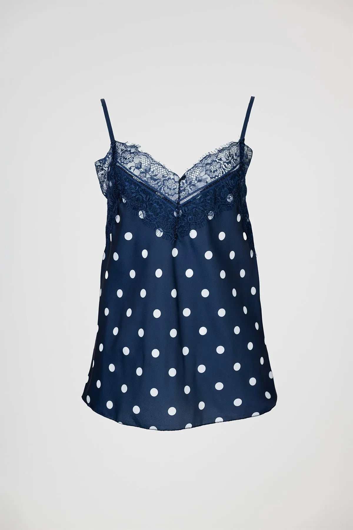 Дамски тъмносин сатенен топ на точки с дантела – Navy Dots Lace-топове-6Sense