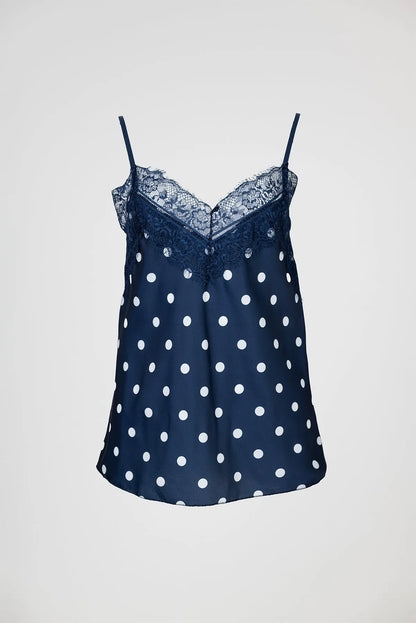 Дамски тъмносин сатенен топ на точки с дантела – Navy Dots Lace-топове-6Sense