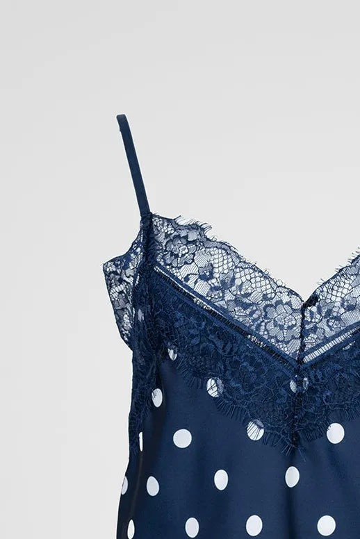 Дамски тъмносин сатенен топ на точки с дантела – Navy Dots Lace-топове-6Sense