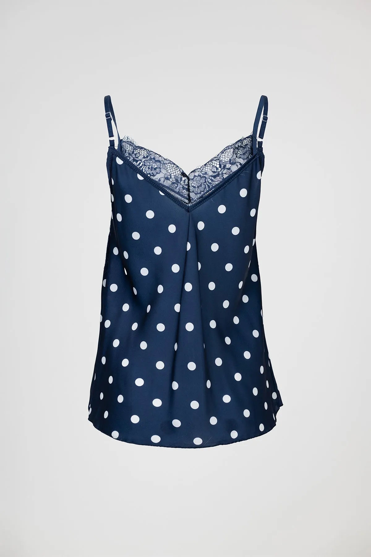 Дамски тъмносин сатенен топ на точки с дантела – Navy Dots Lace-топове-6Sense