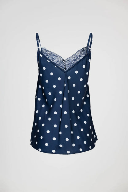 Дамски тъмносин сатенен топ на точки с дантела – Navy Dots Lace-топове-6Sense