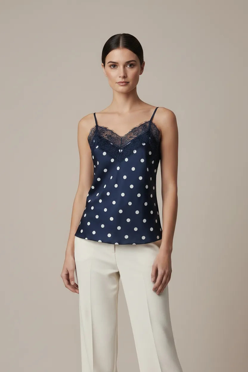 Дамски тъмносин сатенен топ на точки с дантела – Navy Dots Lace-топове-6Sense