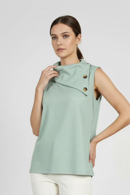 Дамски топ без ръкави с асиметрична яка - Soft Edge-блузи-6Sense