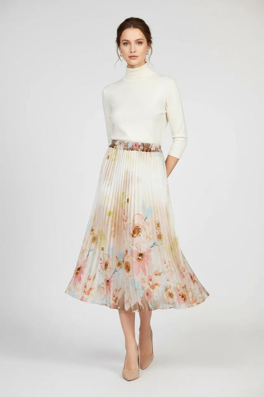 Дълга сатенена плисе пола Pastel Muse с акварелен флорален принт в пастелни тонове.