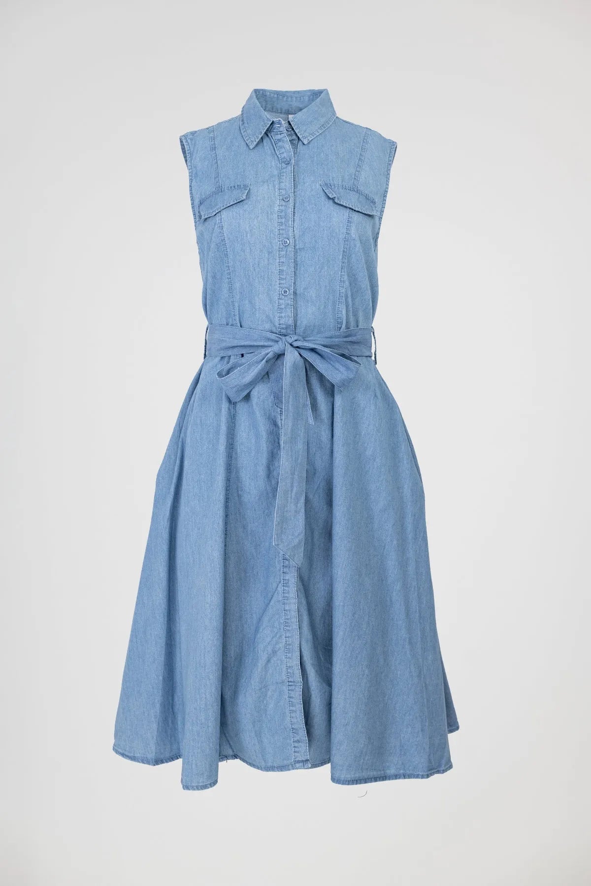 Дънкова рокля без ръкав с колан и копчета – Cotton Denim Shape-рокли-6Sense