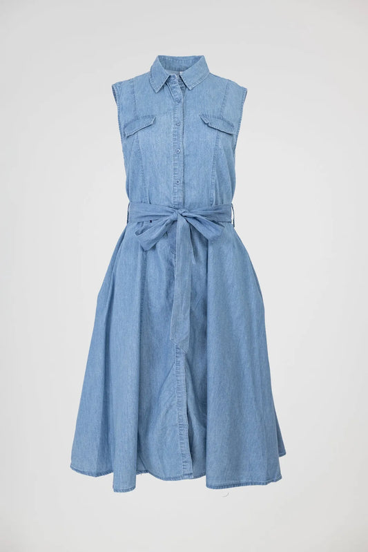 Дънкова рокля без ръкав с колан и копчета – Cotton Denim Shape-рокли-6Sense