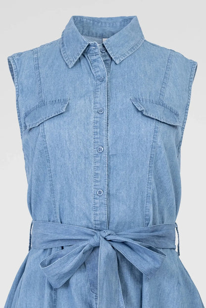 Дънкова рокля без ръкав с колан и копчета – Cotton Denim Shape-рокли-6Sense