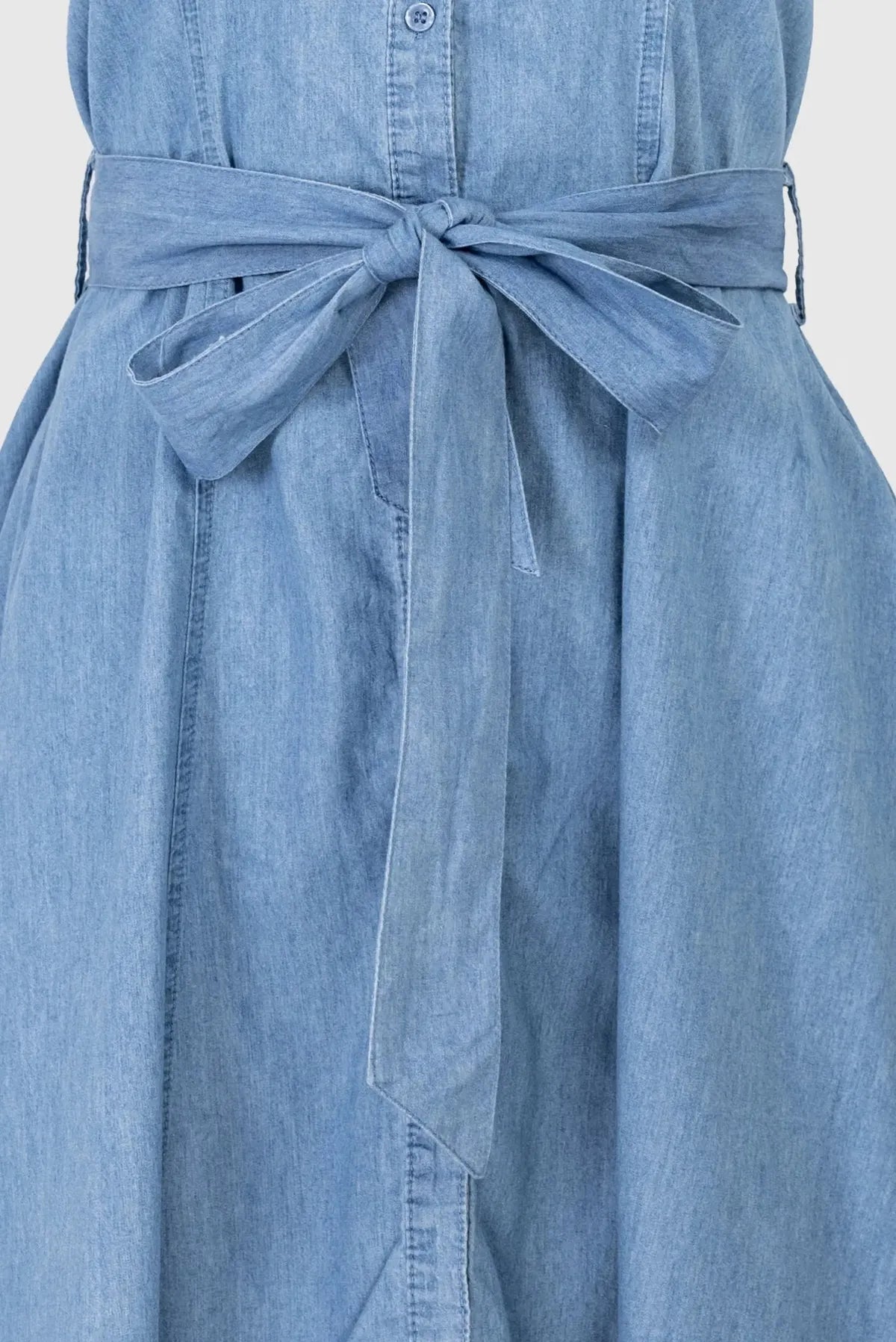 Дънкова рокля без ръкав с колан и копчета – Cotton Denim Shape-рокли-6Sense