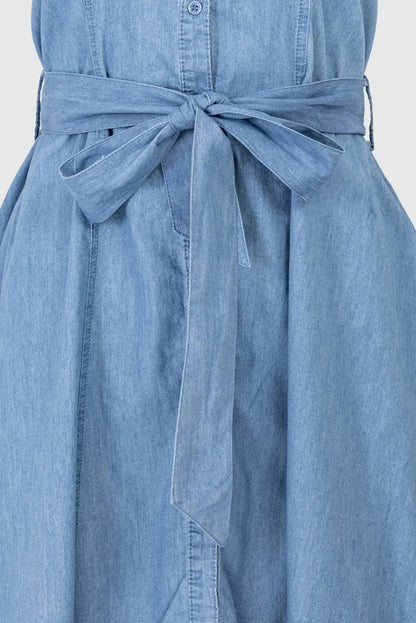 Дънкова рокля без ръкав с колан и копчета – Cotton Denim Shape-рокли-6Sense