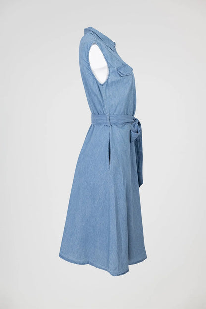 Дънкова рокля без ръкав с колан и копчета – Cotton Denim Shape-рокли-6Sense