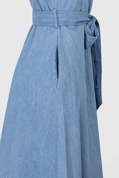 Дънкова рокля без ръкав с колан и копчета – Cotton Denim Shape-рокли-6Sense