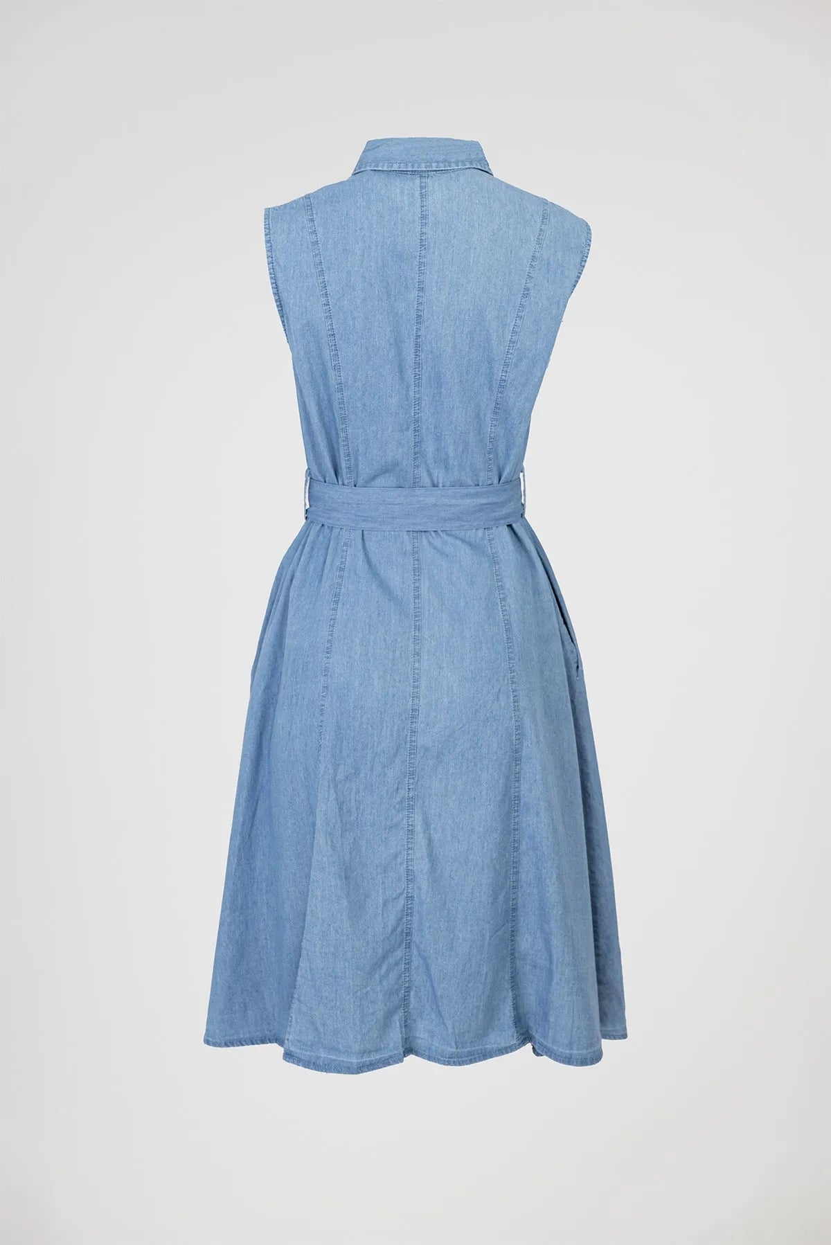 Дънкова рокля без ръкав с колан и копчета – Cotton Denim Shape-рокли-6Sense