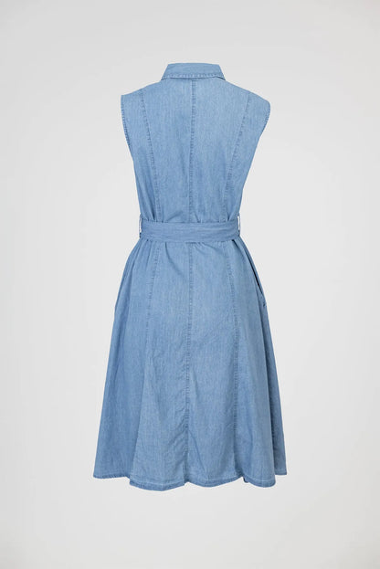 Дънкова рокля без ръкав с колан и копчета – Cotton Denim Shape-рокли-6Sense