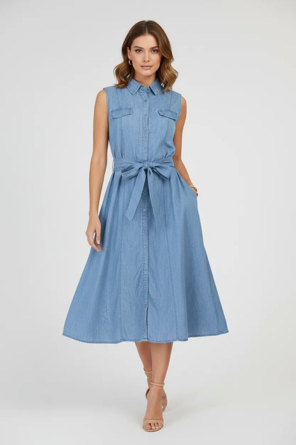 Дънкова рокля без ръкав с колан и копчета – Cotton Denim Shape-рокли-6Sense
