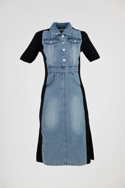 Stylish denim midi dress with black elastic side panels, metal buttons, and pockets.