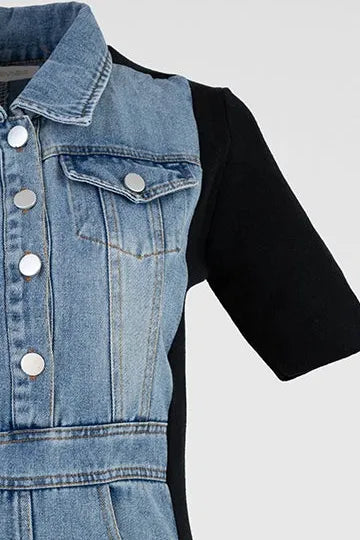 Stylish denim midi dress with light blue panels, black elastic sides, silver buttons, and chest pockets.