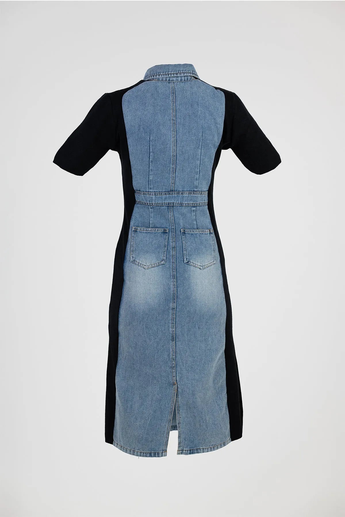 Stylish denim midi dress with black elastic side panels, short sleeves, and back pockets.