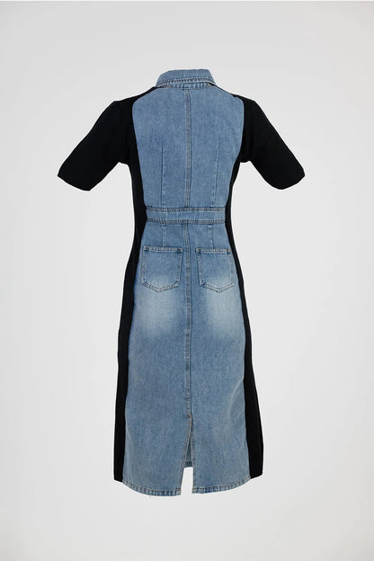 Stylish denim midi dress with black elastic side panels, short sleeves, and back pockets.