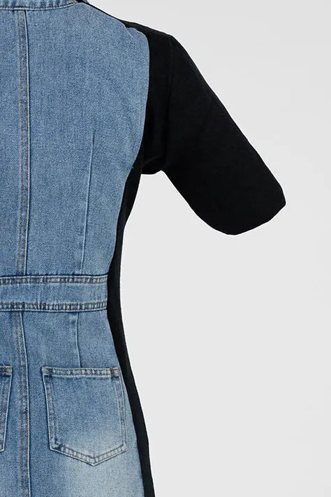 Stylish denim midi dress with black elastic side panels, short sleeves, and back pockets.