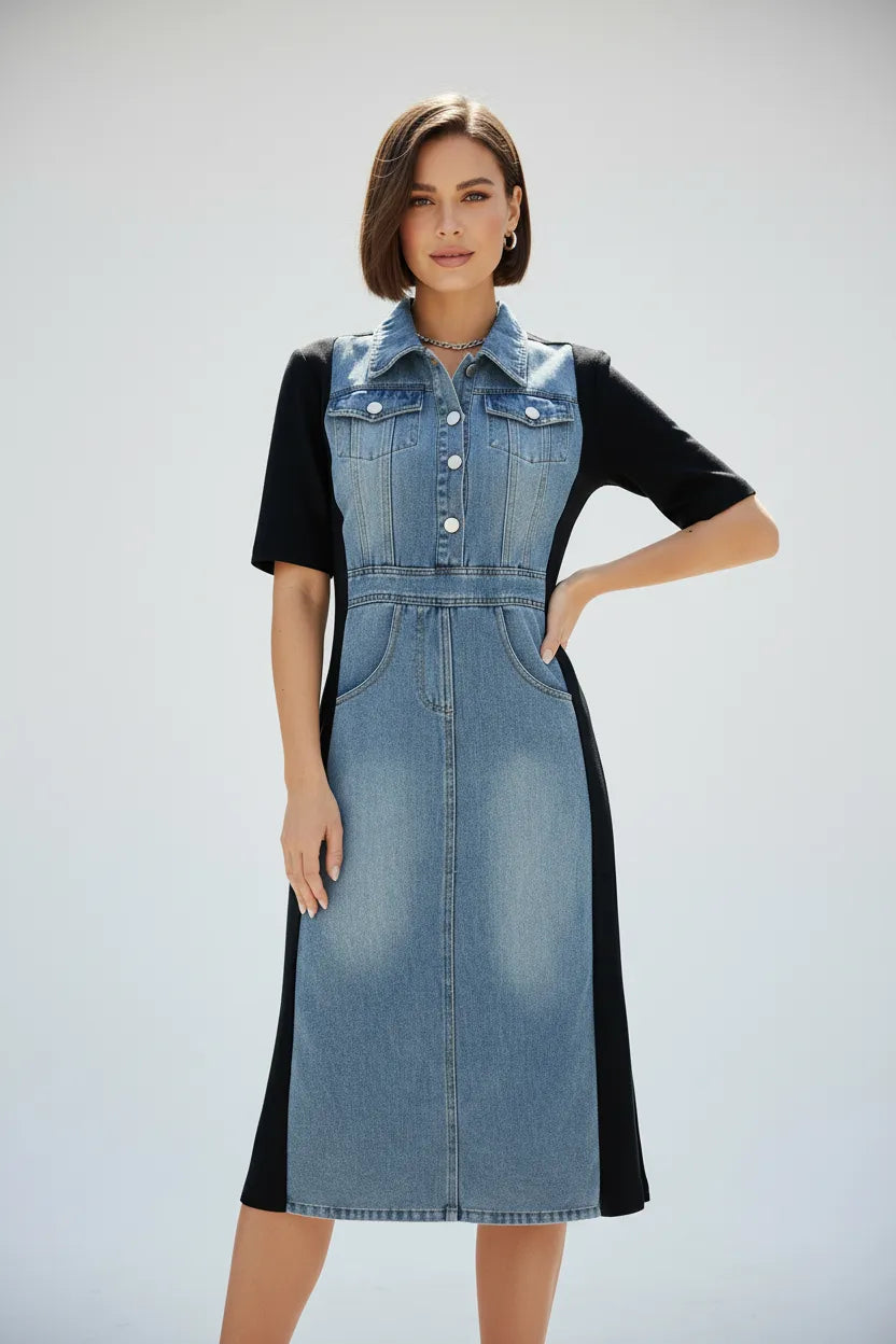 Stylish denim midi dress with black side panels, short sleeves, metal buttons, and pockets.