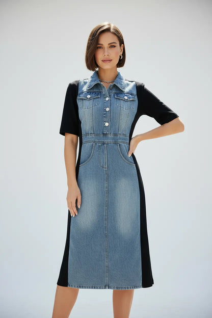 Stylish denim midi dress with black side panels, short sleeves, metal buttons, and pockets.