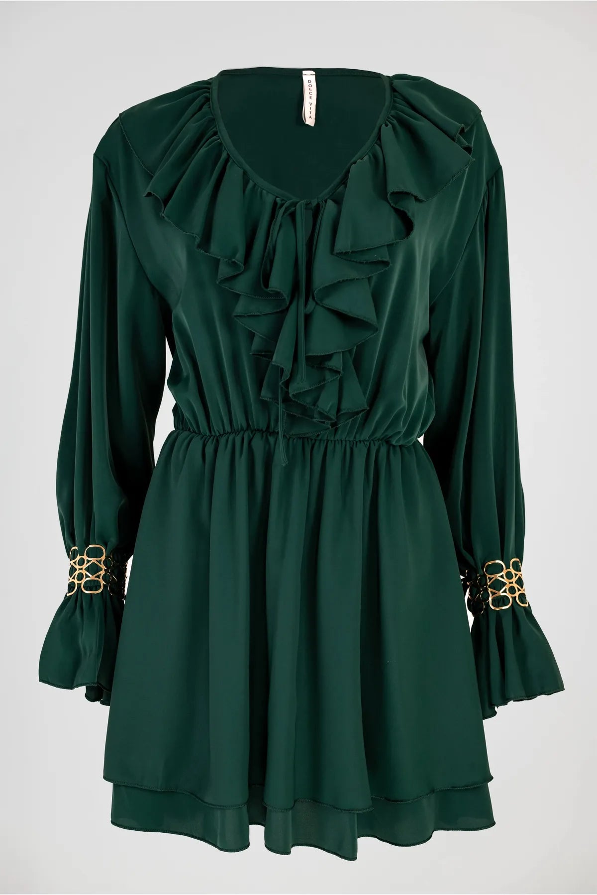 Eлегантна зелена рокля с жабо - Emerald Shine-рокли-6Sense