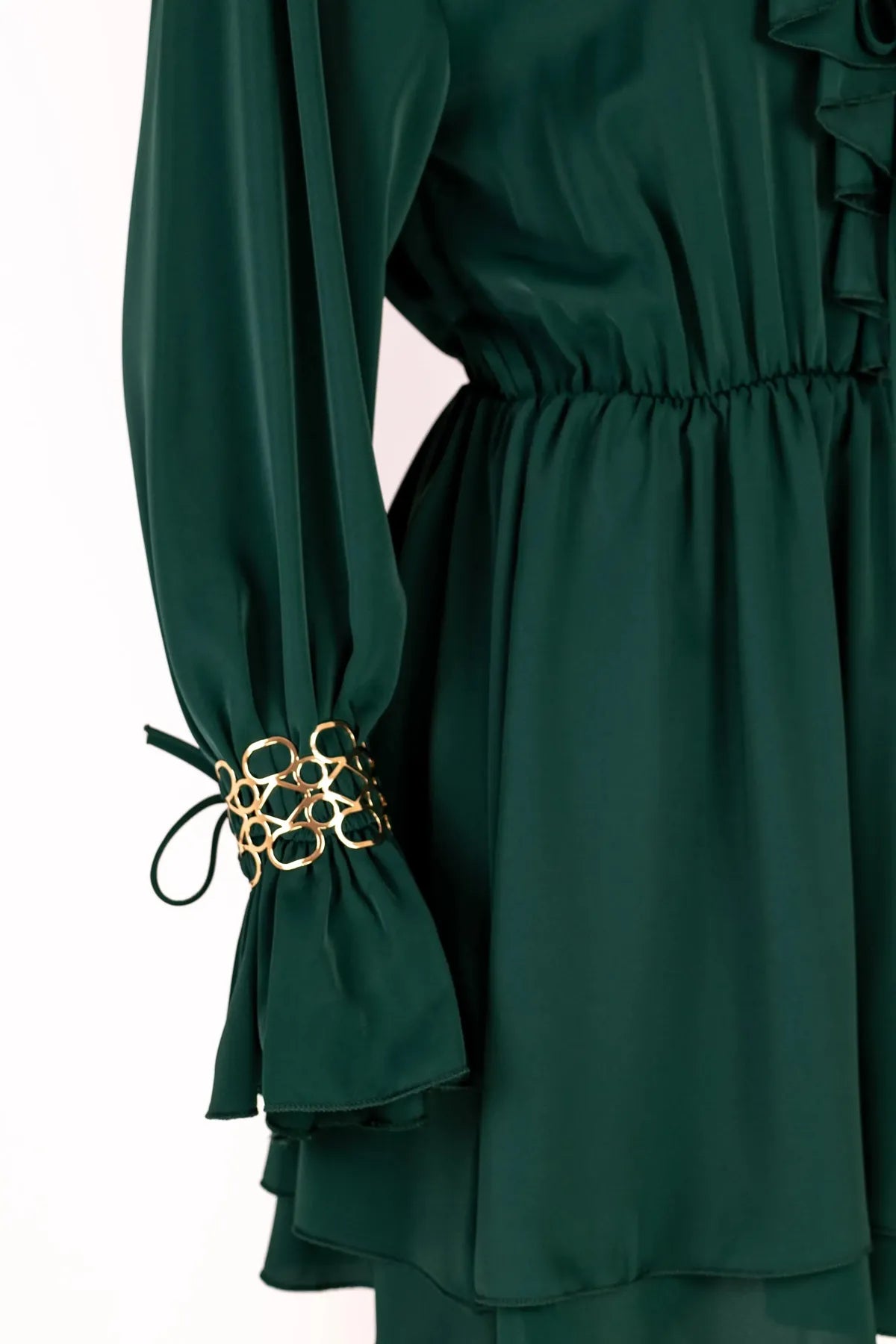 Eлегантна зелена рокля с жабо - Emerald Shine-рокли-6Sense