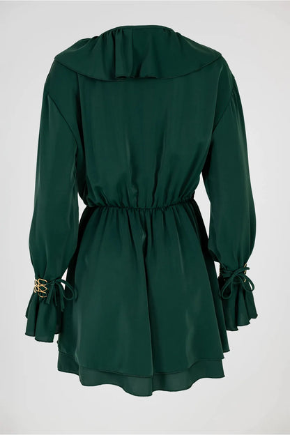 Eлегантна зелена рокля с жабо - Emerald Shine-рокли-6Sense