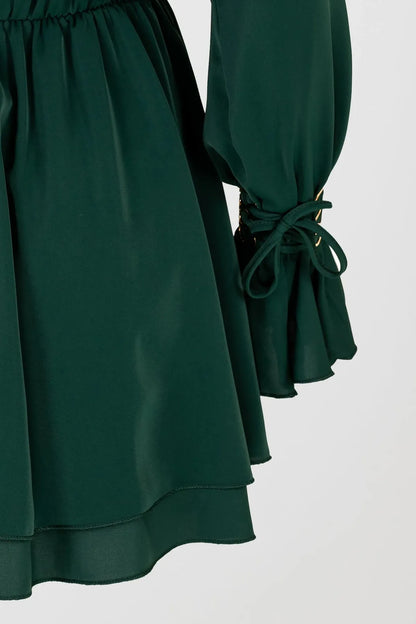 Eлегантна зелена рокля с жабо - Emerald Shine-рокли-6Sense