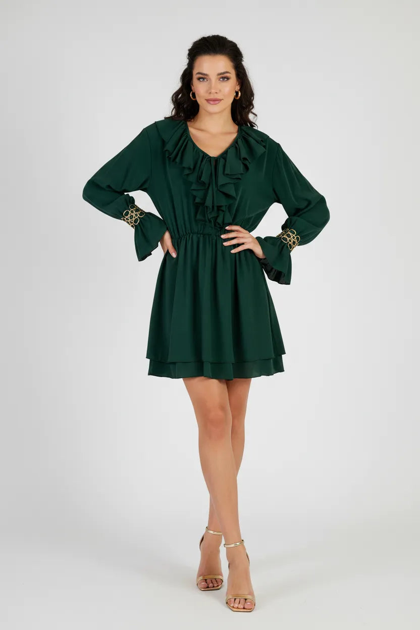 Eлегантна зелена рокля с жабо - Emerald Shine-рокли-6Sense