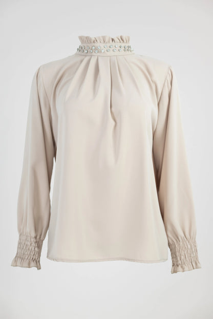 Готова визия за офиса - бежова блуза и зелени панталони от еко кожа-Готова визия-6Sense