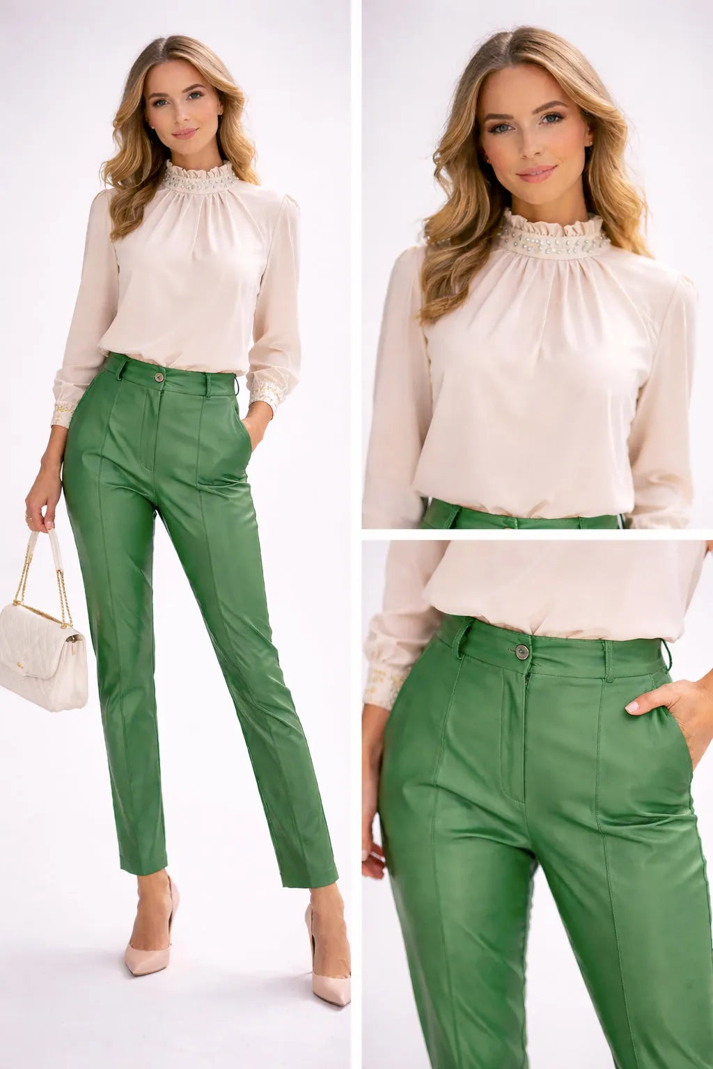 Готова визия за офиса - бежова блуза и зелени панталони от еко кожа-Готова визия-6Sense