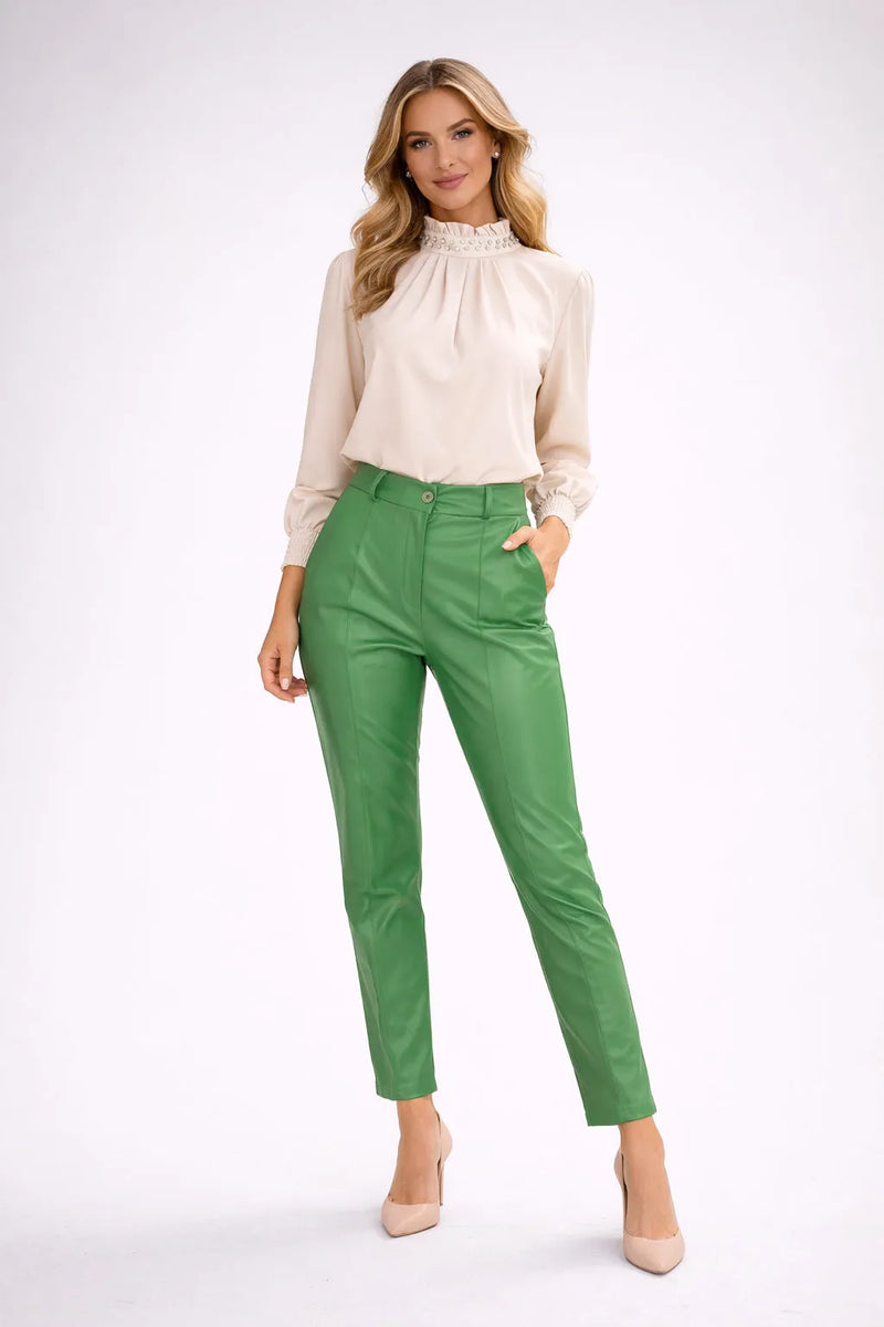 Готова визия за офиса - бежова блуза и зелени панталони от еко кожа-Готова визия-6Sense