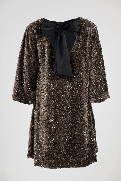 Kафява рокля с пайети и панделка на гърба - Cocoa Sparkle-рокли-6Sense