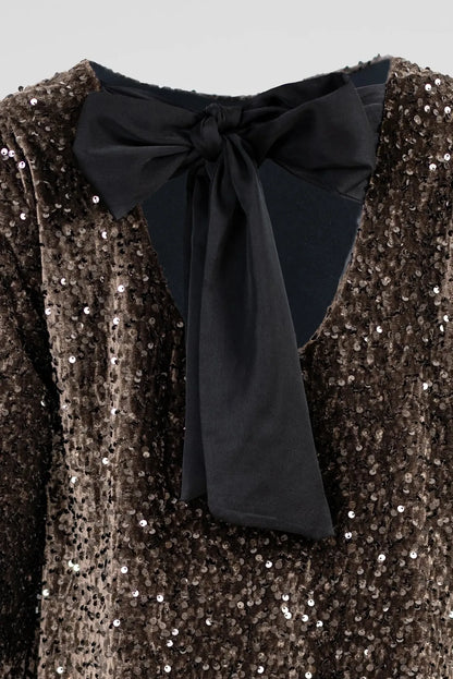 Kафява рокля с пайети и панделка на гърба - Cocoa Sparkle-рокли-6Sense