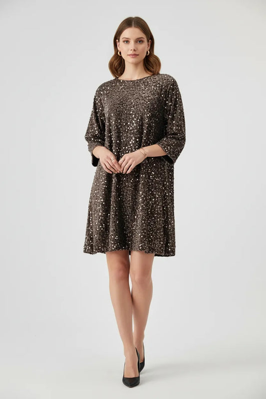 Kафява рокля с пайети и панделка на гърба - Cocoa Sparkle-рокли-6Sense