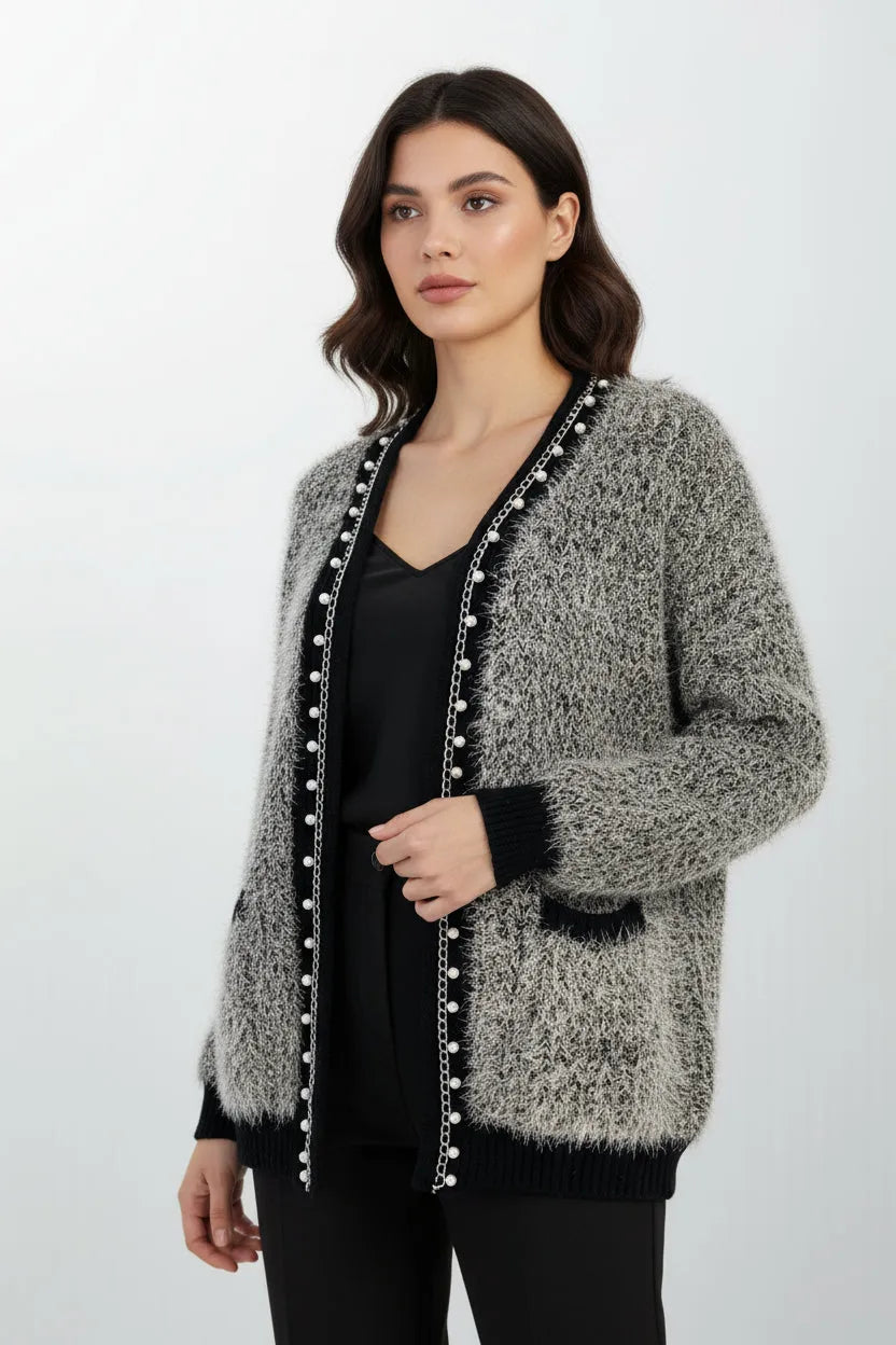 Кардиган Riviera Pearl – графитено-сив меланж с перлени детайли-жилетки-6Sense