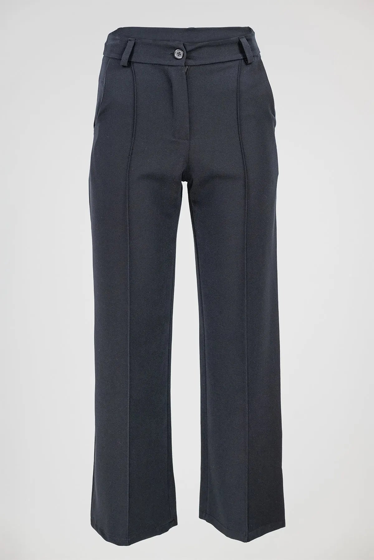 Elegant black Sense women's straight-leg trousers with decorative front seams, belt loops, and side pockets.