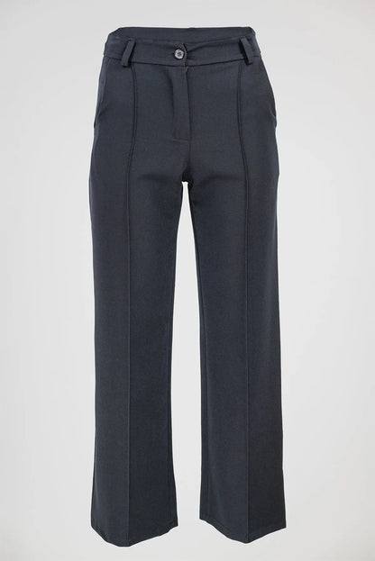 Elegant black Sense women's straight-leg trousers with decorative front seams, belt loops, and side pockets.