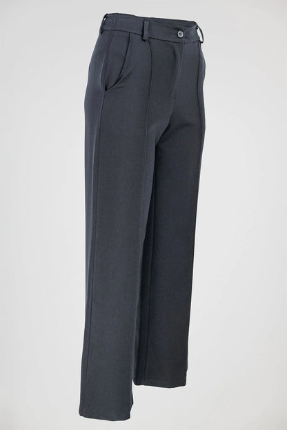 Chic black straight-leg trousers with decorative front seams, belt loops, and side pockets.