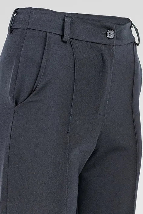Chic black straight-leg Sense trousers with decorative front seams, belt loops, and side pockets.