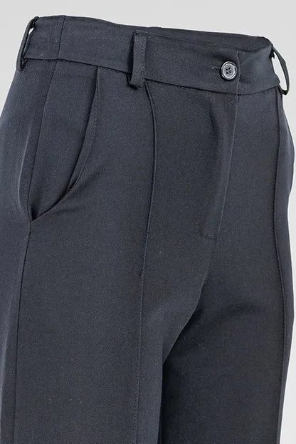 Chic black straight-leg Sense trousers with decorative front seams, belt loops, and side pockets.